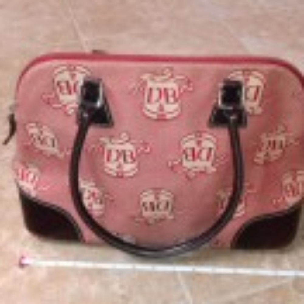 Dooney & Bourke Red-Tan Canvas Leather Trimmed "DB" Monogram Handbag Satchel
